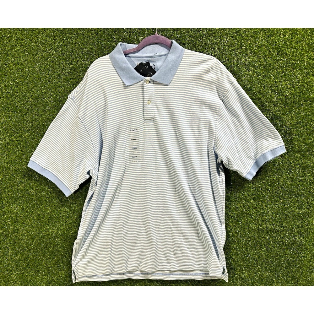 IZOD Blue/White Striped Cotton Knit Polo Shirt Collared Button Short Sleeve XL